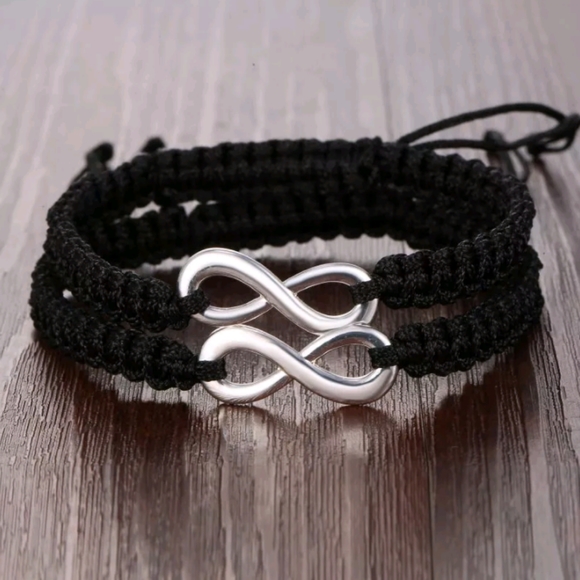 Set Of 2 black bracelets Infinity alloy silver charms unisex Erik's bracelet - Picture 2 of 2